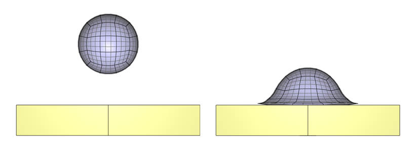 Rubber sphere and steel block before and after impact