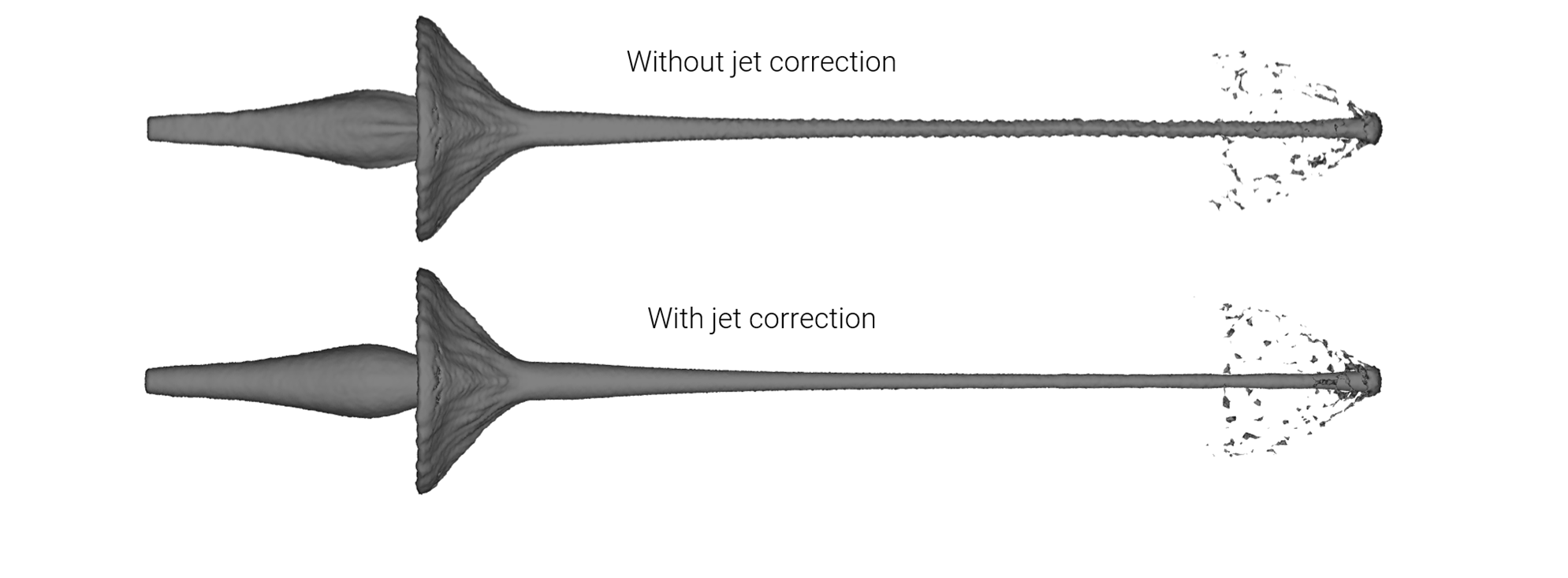 Shaped charge jet, with and without correction