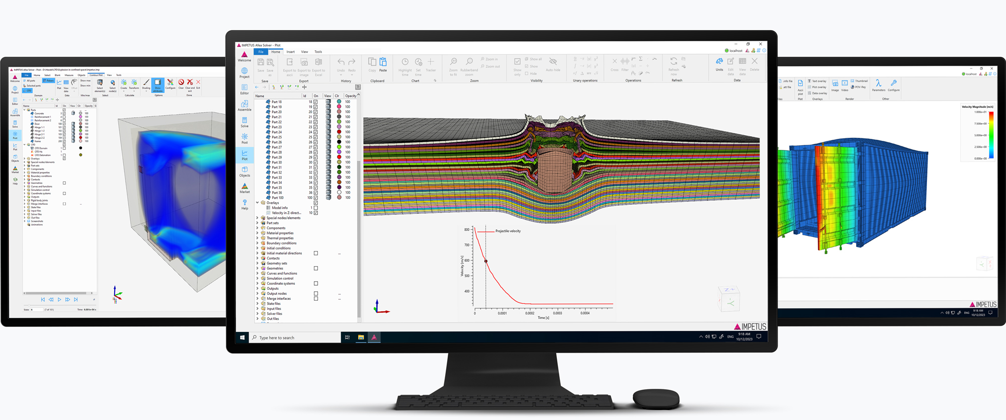 Montage of monitors showcasing IMPETUS Solver GUI