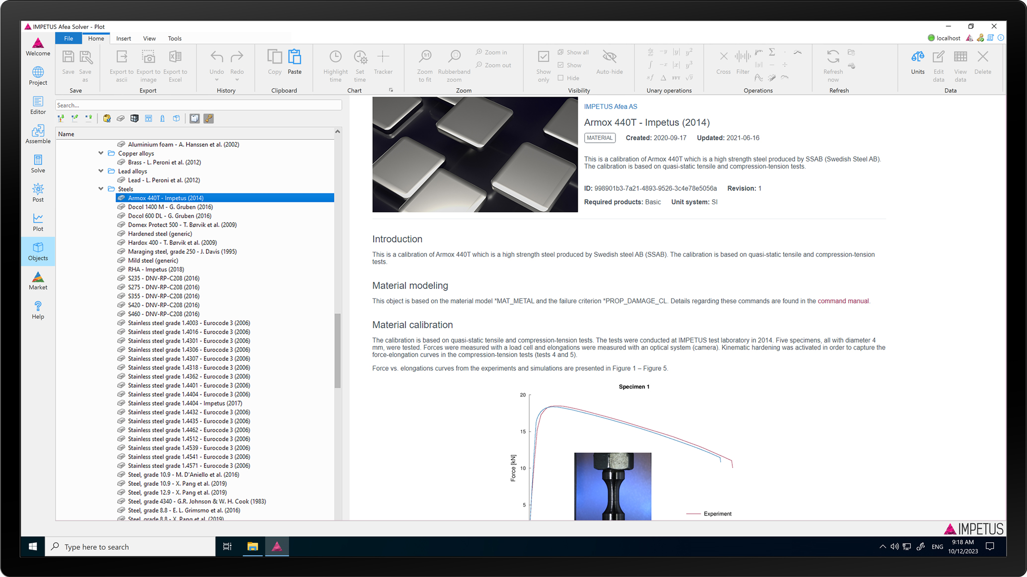 Objects view in GUI showing an material object