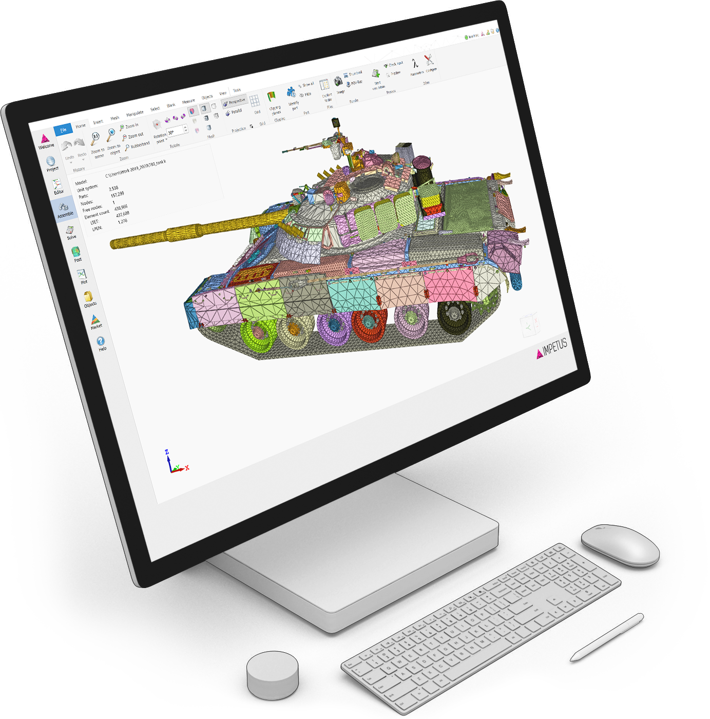 3D model of a computer monitor showing a tank in IMPETUS Solver GUI